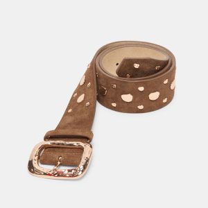 Rectangle Buckle Studded Belt Brown